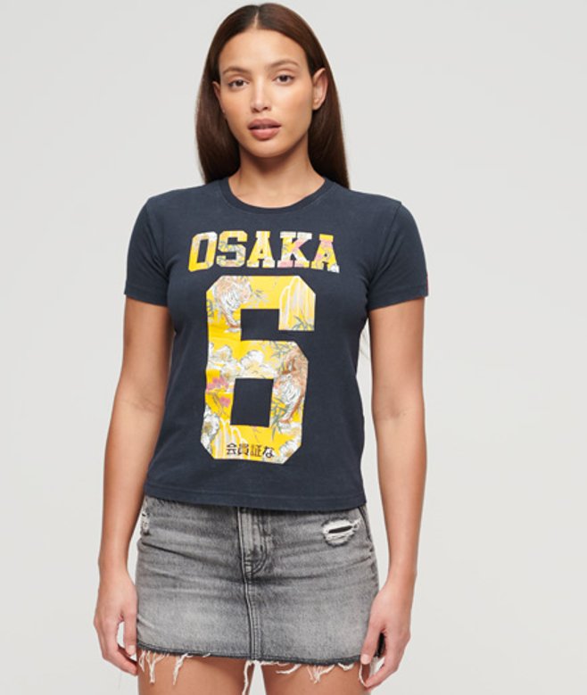 Superdry Damen Osaka 6 T-shirt mit 90er-Details im Japanischen Stil Marineblau - Größe: 42 von Superdry