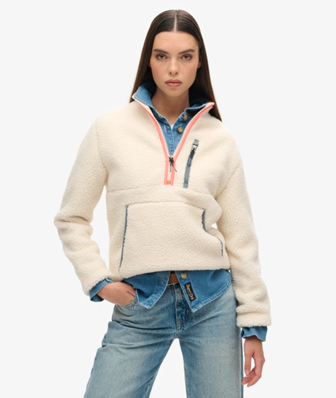 Superdry Damen Creme Outdoor Fleecejacke mit Halbem Reißverschluss, Größe: 40 von Superdry