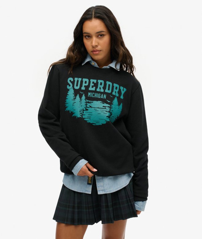 Superdry Damen Outdoor OverGröße-sweatshirt mit Rundhalsausschnitt und Grafik Schwarz/blau - Größe: L von Superdry
