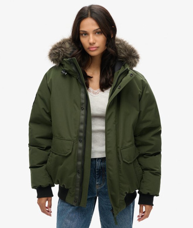 Superdry Women's OverGröße Everest Bomberjacke mit Kunstfellbesatz Grün - Größe: XL von Superdry
