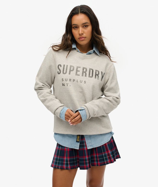 Superdry Damen OverGröße Surplus Sweatshirt mit Rundhalsausschnitt und Grafik Grau - Größe: XL von Superdry