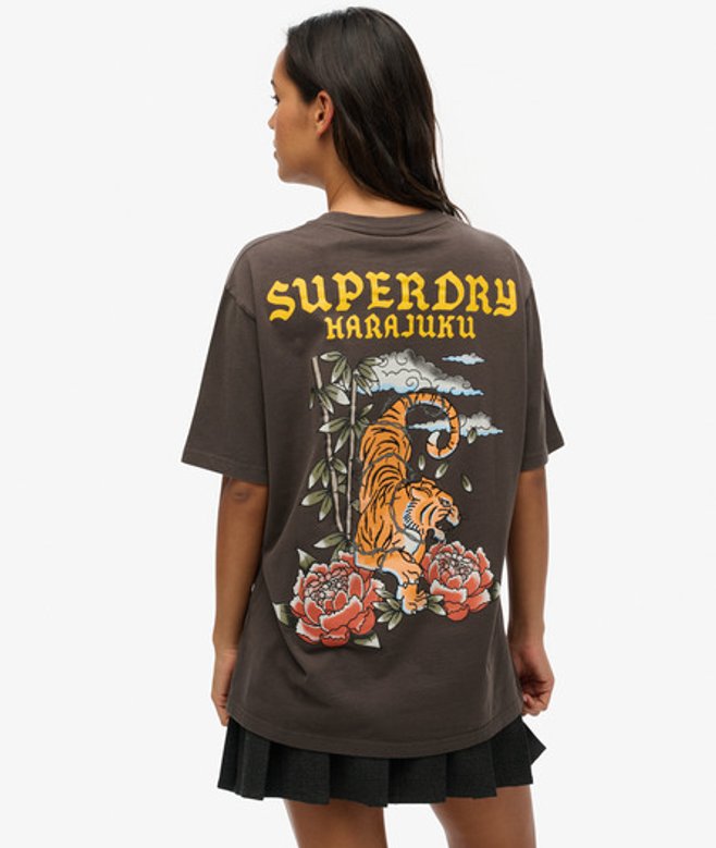 Superdry Damen Schwarz, Gelb und Orange Oversize-T-Shirt mit Tattoo-Grafik, Größe: XL von Superdry