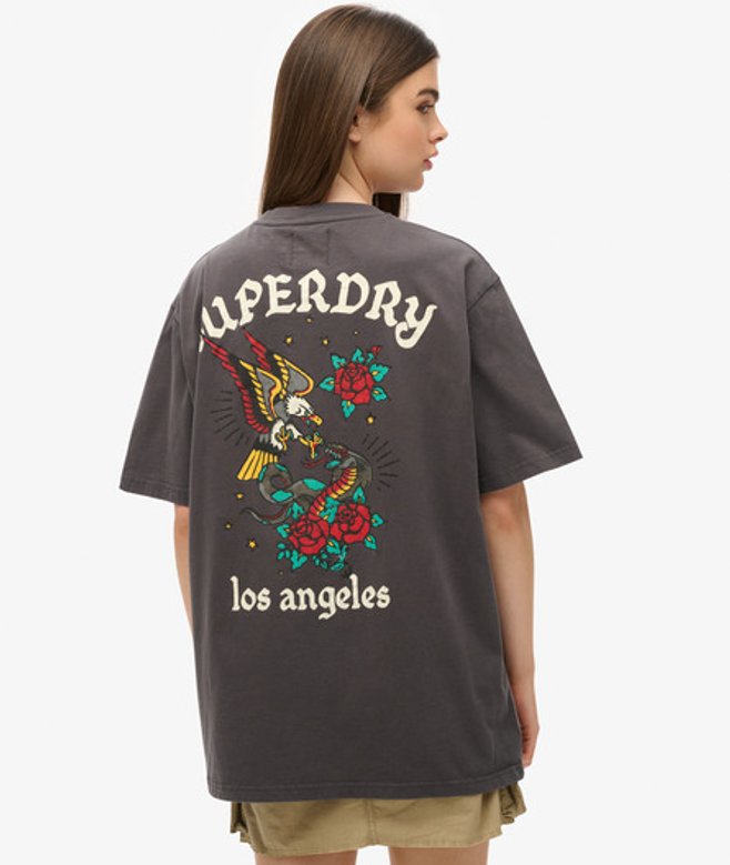 Superdry Damen OverGröße T-shirt mit Tattoo-grafik auf der Rückseite Dunkelgrau - Größe: L von Superdry