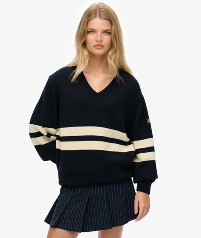 Superdry Damen OverGrößed Gestreifter V-ausschnitt Pullover Navy - Größe: 34 von Superdry