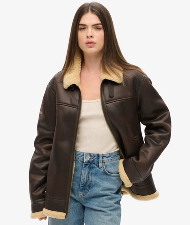 Superdry Damen OverGrößed Pilotenjacke aus Lammfellimitat Braun - Größe: Xxl von Superdry