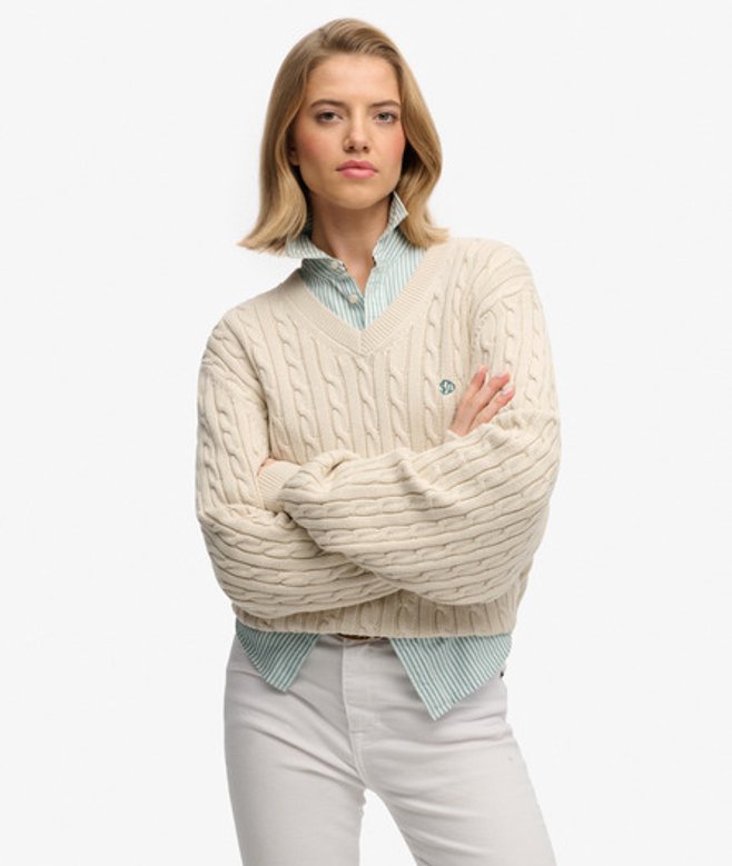 Superdry Damen OverGrößed Zopfmuster-pullover mit V-ausschnitt Cream - Größe: 44 von Superdry