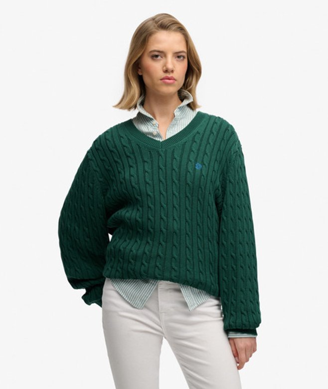 Superdry Damen OverGrößed Zopfmuster-pullover mit V-ausschnitt Green - Größe: 40 von Superdry