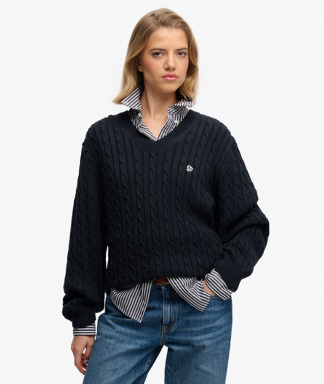Superdry Damen OverGrößed Zopfmuster-pullover mit V-ausschnitt Navy - Größe: 44 von Superdry