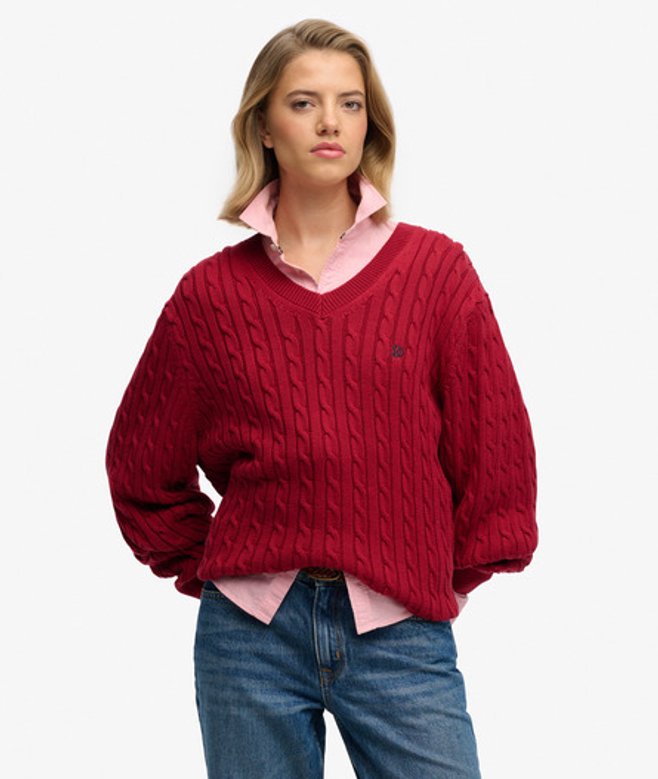Superdry Damen OverGrößed Zopfmuster-pullover mit V-ausschnitt Red - Größe: 44 von Superdry