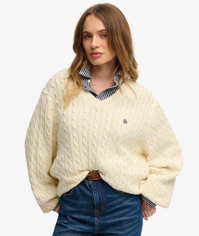 Superdry Damen OverGrößed Zopfmuster-pullover mit V-ausschnitt White - Größe: 38 von Superdry