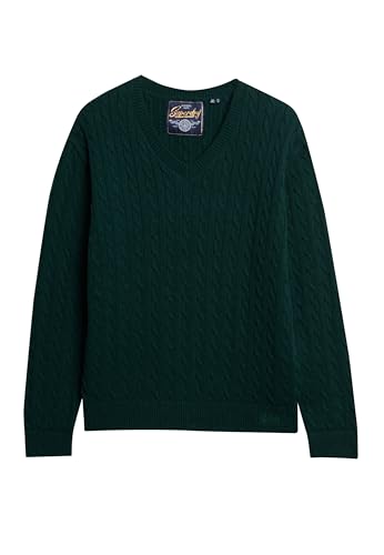 Superdry Damen Oversized-Pullover mit V-Ausschnitt und Zopfmuster Dunkelpiniengrün 14-16 von Superdry