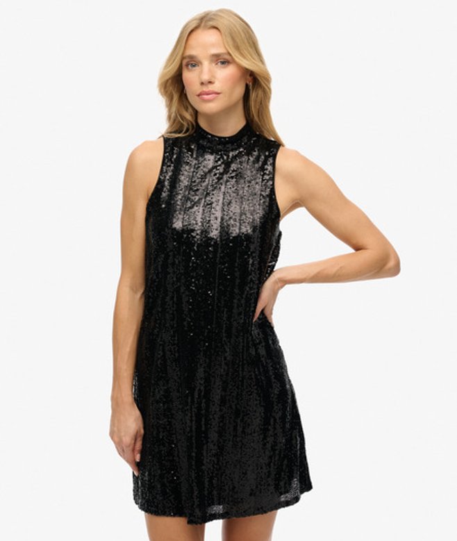 Superdry Damen Ärmelloses Pailletten-a-linien-minikleid Black - Größe: 38 von Superdry