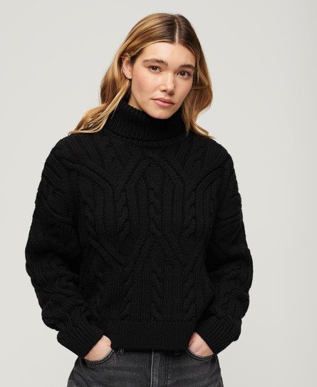 Superdry Women's Polo-Strickpullover mit Zopfmuster Schwarz - Größe: 36 von Superdry