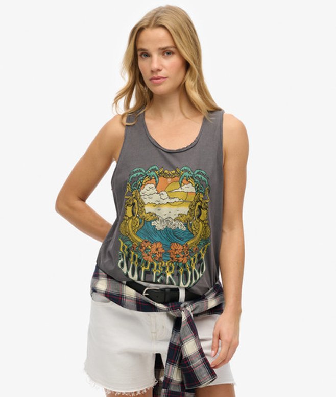 Superdry Women's Psych Surf Racer-tanktop mit Grafik Dunkelgrau - Größe: 38 von Superdry