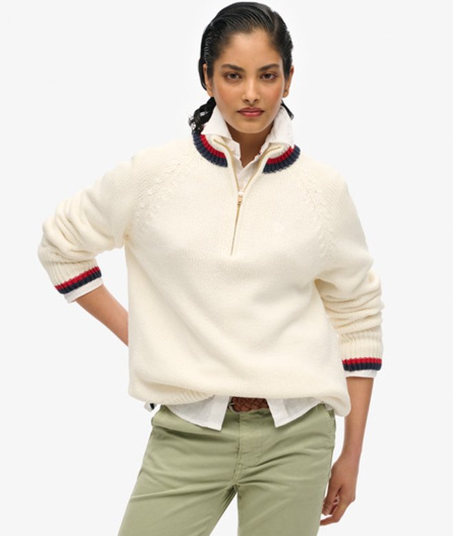 Superdry Women's Pullover mit Halbem Reißverschluss und Streifen Creme - Größe: 44 von Superdry