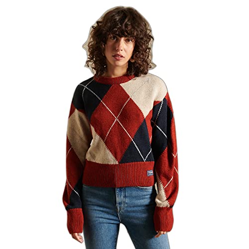 Superdry Damen Pullover mit Rundhalsausschnitt und Muster Tiefrotes Argyle-Muster 42 von Superdry