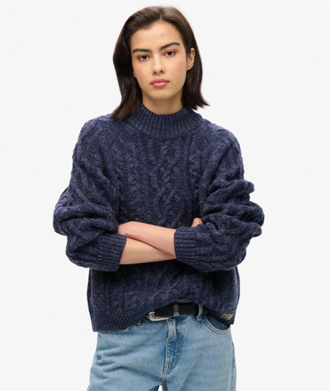 Superdry Damen Pullover mit Stehkragen und Zopfmuster Marineblau - Größe: 44 von Superdry
