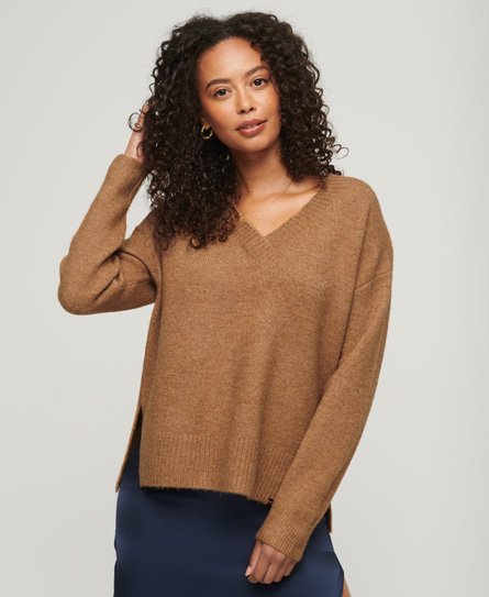 Superdry Damen Pullover mit V-Ausschnitt in Übergröße Beige - Größe: 36 von Superdry