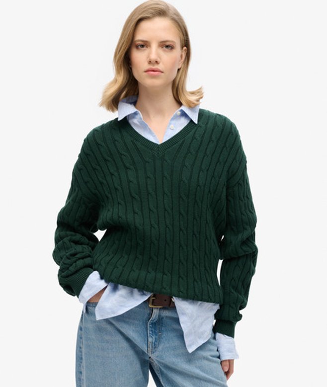 Superdry Damen Pullover mit V-ausschnitt und Zopfmuster in Übergröße Grün - Größe: 42-44 von Superdry