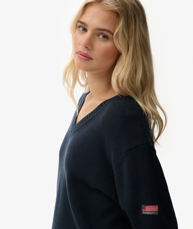 Superdry Damen Pullover mit V-ausschnitt in Übergröße Navy - Größe: 40 von Superdry