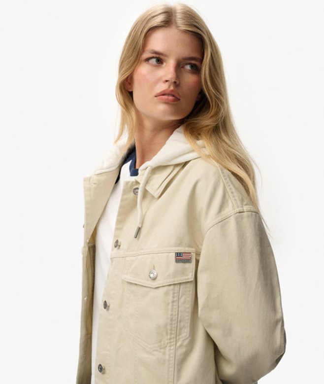 Superdry Damen Relaxed Hooded Trucker Jacke Beige - Größe: 40 von Superdry