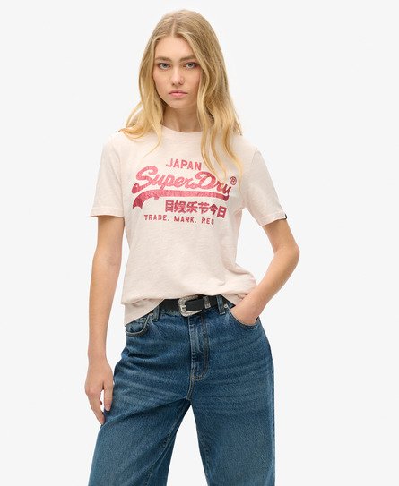 Superdry Women's Relaxtes T-Shirt mit Logo in Metallic-Optik Pink - Größe: 38 von Superdry