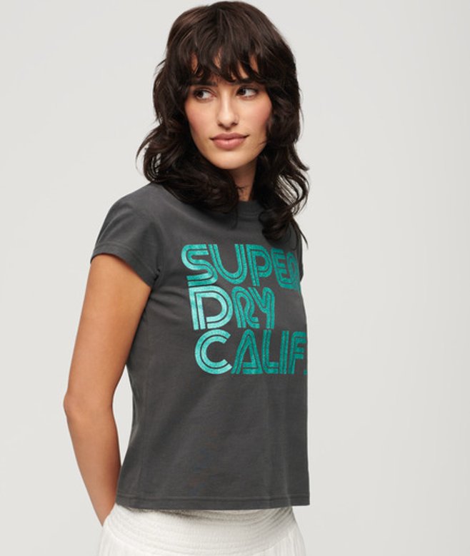 Superdry Damen Retro T-shirt mit Glitzer-logo Schwarz - Größe: 38 von Superdry