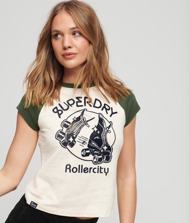 Superdry Damen Roller Graphic Baseball-mini-t-shirt Creme - Größe: 44 von Superdry