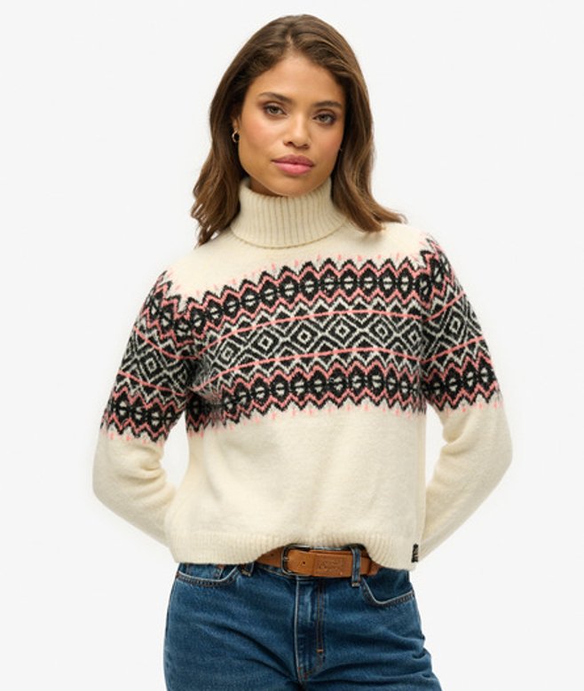 Superdry Damen Rollkragenpullover mit Norwegermuster Creme - Größe: 44 von Superdry