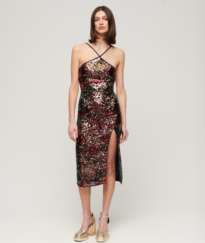 Superdry Damen Rosa, Grün und Gold Midikleid mit Nackenträger und Pailletten, Größe: 38 von Superdry