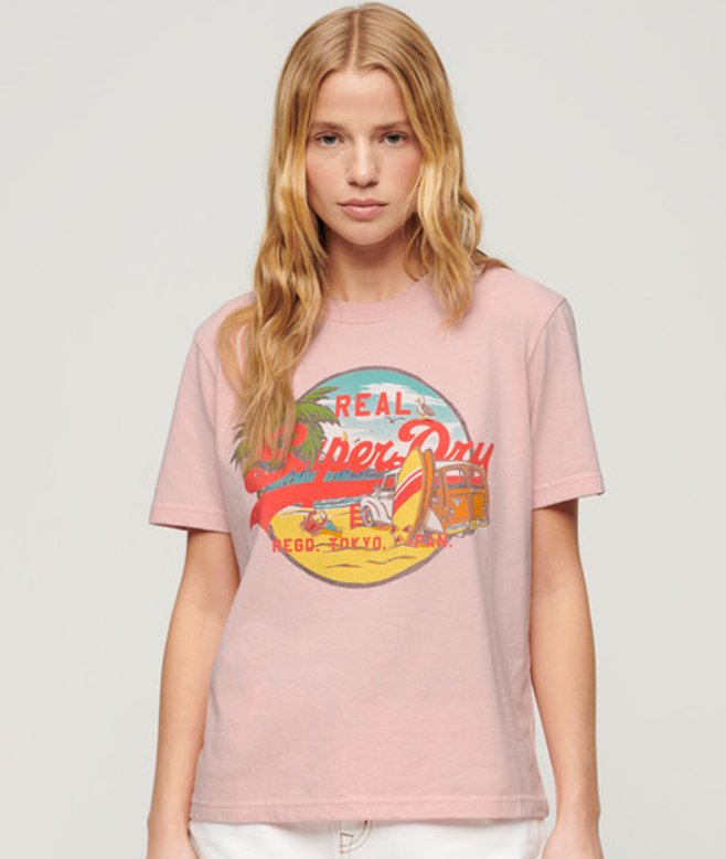 Superdry Damen Rosa und Gelb Lässiges La T-Shirt mit Farblich Abgestimmtem Grafikdruck, Größe: 34 von Superdry