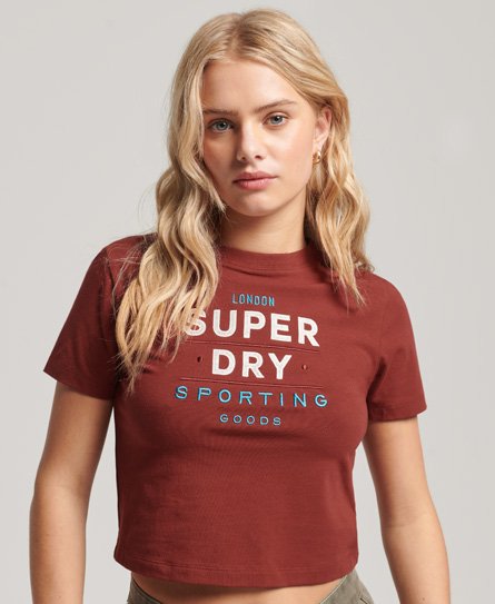 Superdry Women's Damen Rot Kurzes Code T-Shirt mit Aufgestickter Grafik, Größe: 36 - Größe: 36 von Superdry