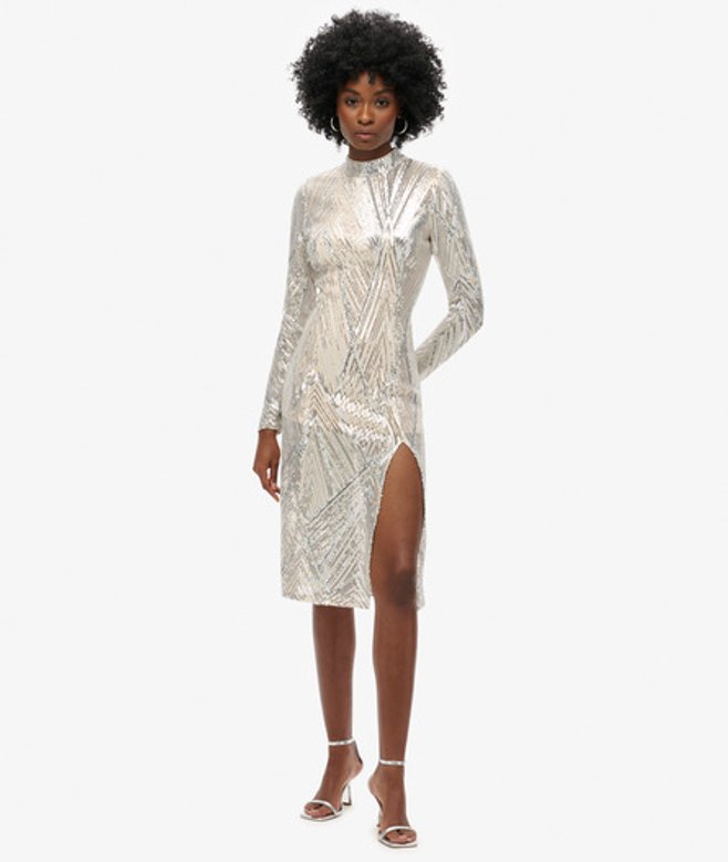 Superdry Damen Rückenfreies, Langärmeliges Midikleid Silber - Größe: 42 von Superdry