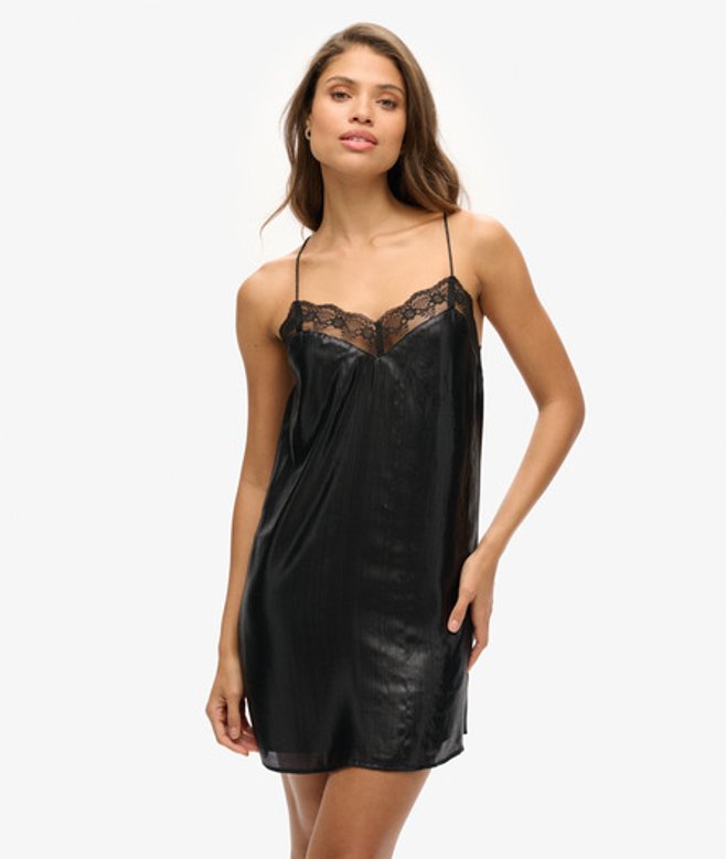 Superdry Damen Satin-minikleid mit Spitzenbesatz Schwarz - Größe: 36 von Superdry