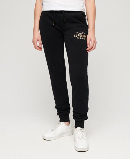 Superdry Damen Schmal Geschnittene Luxe Jogginghose mit Logo in Metallic-Optik Schwarz - Größe: 36 von Superdry