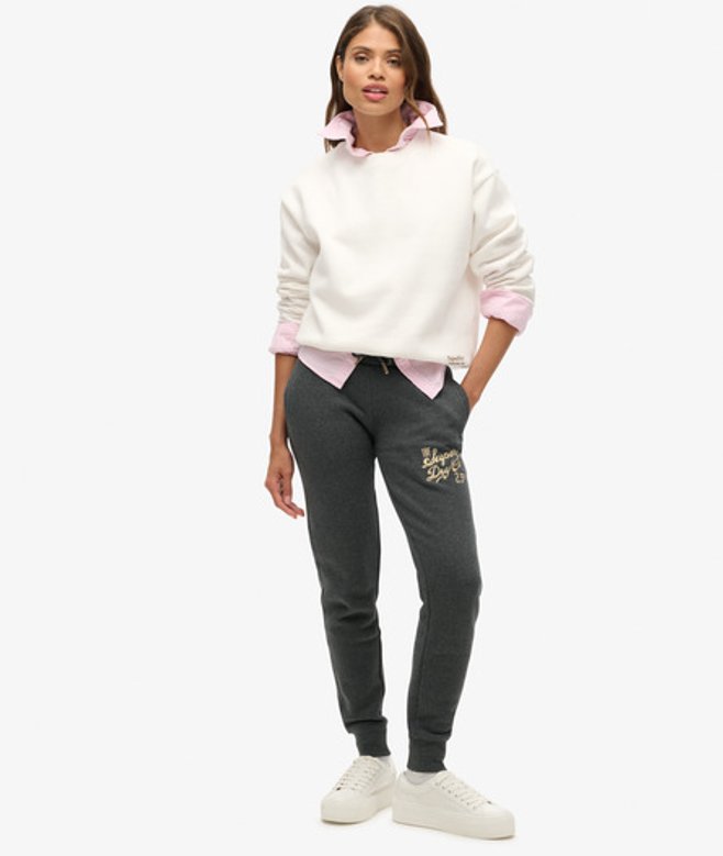 Superdry Damen Dunkelgrau Schmal Geschnittene Luxe Jogginghosen mit Logo in Metallic-Optik, Größe: 40 von Superdry