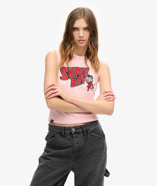 Superdry Damen Schmal Geschnittenes Retro-tanktop mit Verzierung Rosa/rot - Größe: 38 von Superdry