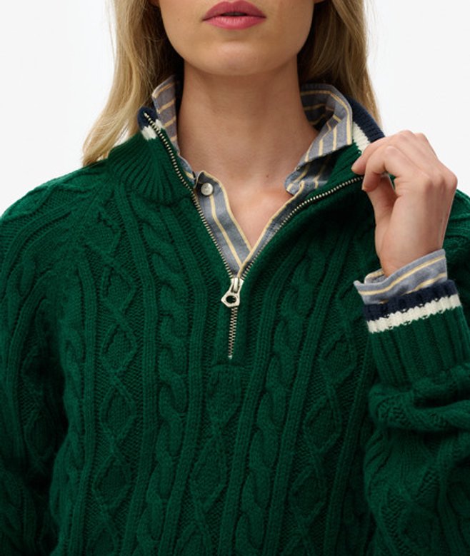Superdry Damen Schmaler Strickpullover mit Halbem Reißverschluss und Zopfmuster Green - Größe: 34 von Superdry