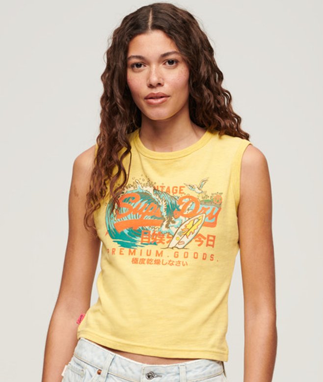 Superdry Damen Schmales LA Vintage Trägerhemd mit Logo-grafik Gelb - Größe: 40 Superdry Damen Schmales LA Vintage Trägerhemd mit Logo-grafik Gelb - Größe: 40 von Superdry
