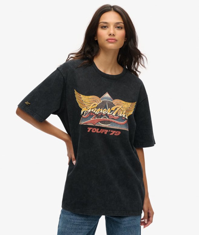 Superdry Damen Schwarz, Rot und Gelb Oversize-T-Shirt mit Rockband-Grafik im Stil der 70er, Größe: XXL von Superdry
