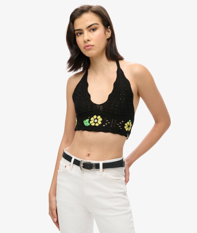 Superdry Damen Schwarz Bustier mit Häkelblumen, Größe: 36 von Superdry