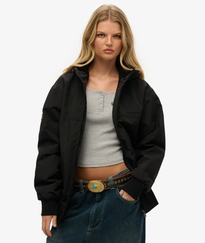 Superdry Damen Schwarz Oversize Surplus Bomberjacke mit Kapuze aus Nylon, Größe: XL von Superdry