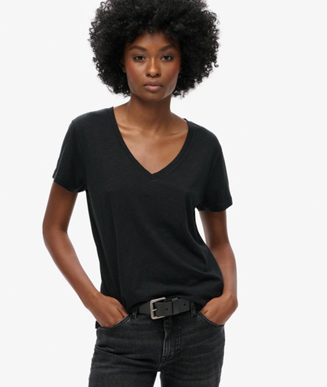 Superdry Damen Schwarz Strukturiertes T-shirt Mit V-ausschnitt Und Stickerei, Größe: 44 - Größe: 44 von Superdry