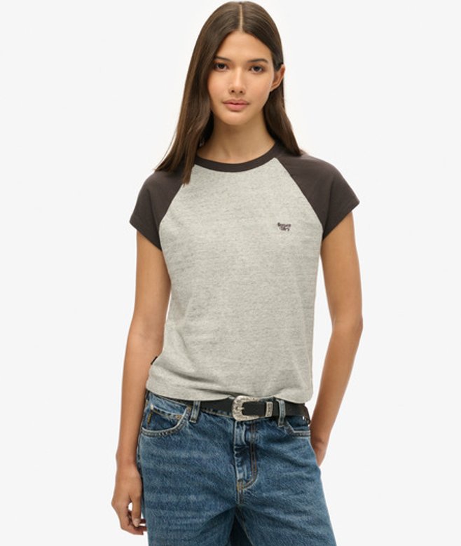 Superdry Damen Schwarz und Grau Essential Raglan-T-Shirt aus Bio-Baumwolle mit Logo Farbblock, Größe: 34 von Superdry