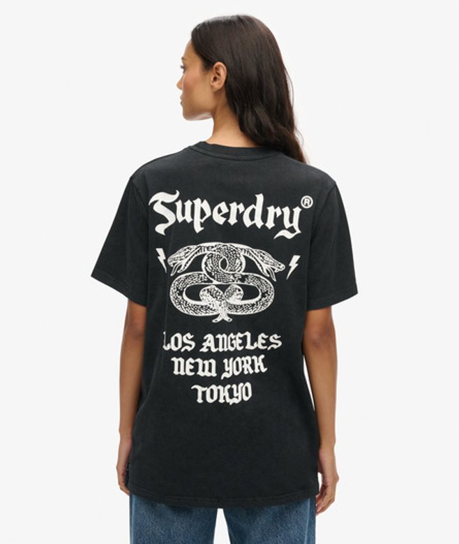 Superdry Damen Schwarz und Weiß Oversized T-Shirt mit Rocker-Grafik im Retro-Look, Größe: XL von Superdry