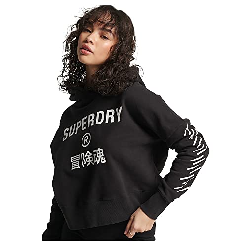 Superdry Damen Sport Crop Box Hoodie, lockere Passform, bauchfreies Design, Schwarz, 38 von Superdry