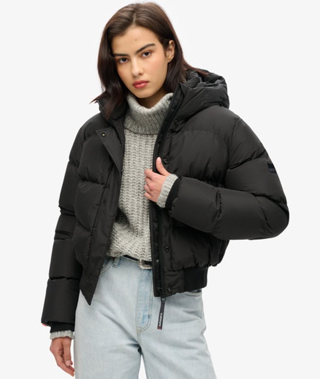 Superdry Damen Sportliche Stepp-bomberjacke mit Kapuze Schwarz - Größe: 36 von Superdry