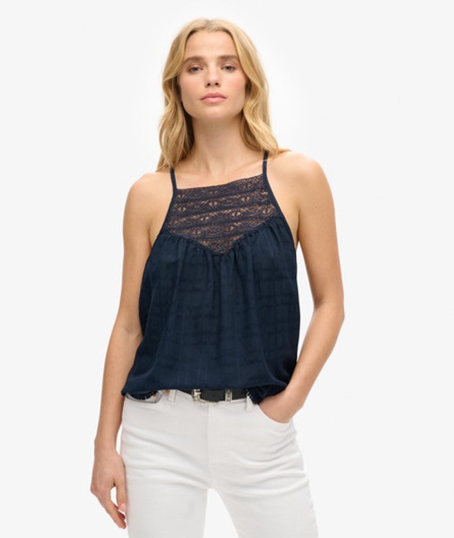 Superdry Damen Strand-trägertop mit Spitze Marineblau - Größe: 38 von Superdry