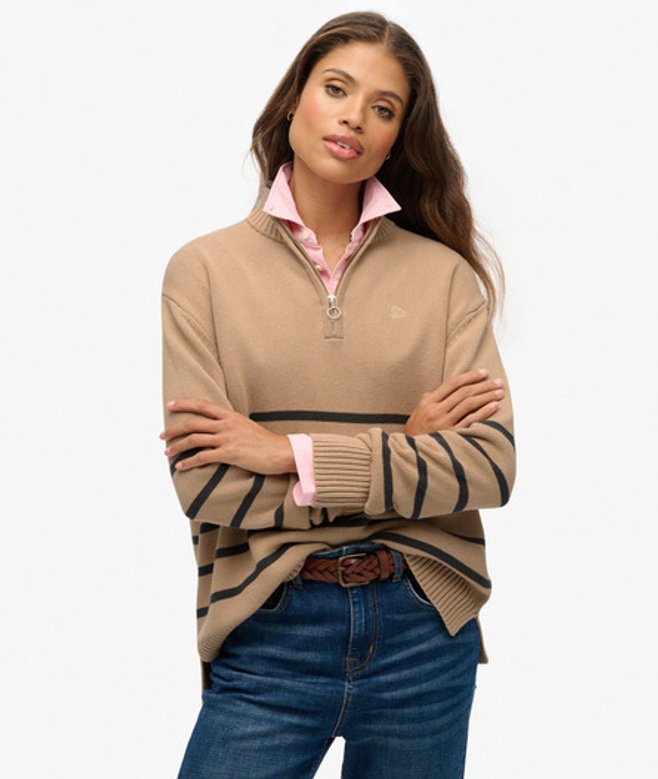 Superdry Damen Strickpullover mit Halbem Reißverschluss Beige - Größe: 36 von Superdry