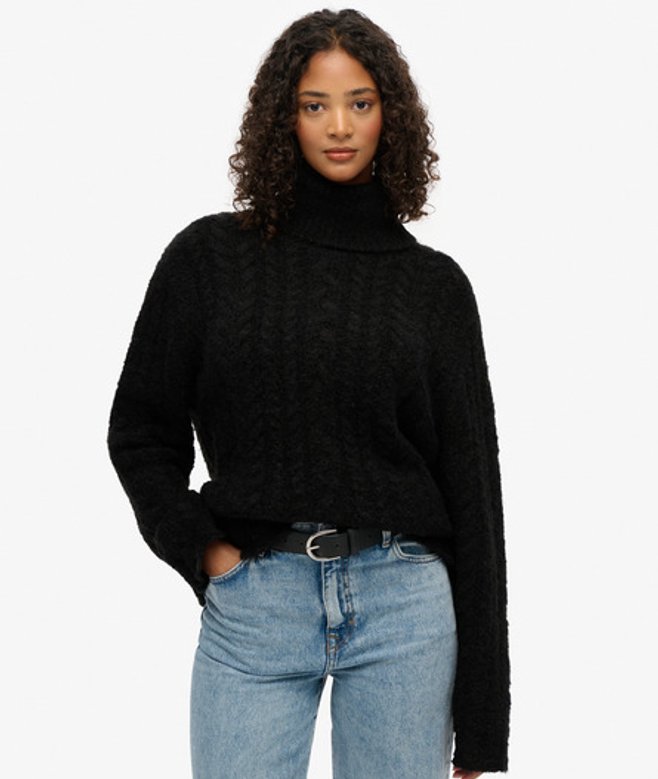 Superdry Damen Strickpullover mit Rollkragen und Zopfmuster Black - Größe: 40 von Superdry